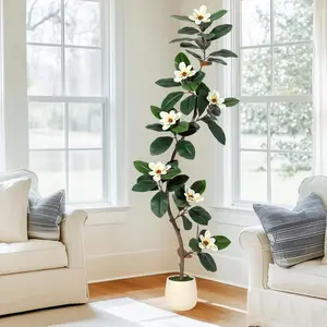 【Christmas Gift】Rubber Tree  Artificial Tree In White Planter Pot,Faux Plants Indoor Faux Floor Plant Artificial Plants with 8 Pcs Magnolia Flowers for Home Decor 6ft Decorative Fruit Moss Nature Round Ornaments