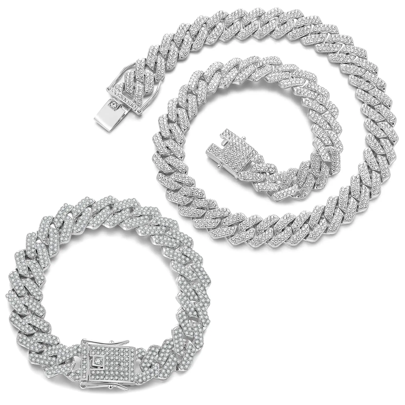2 Pieces Cuban Link Chain Mens Iced Out Miami Cuban Necklace and Bracelet Silver Bling Diamond Hip Hop Jewelry for Men and Women…