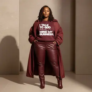 Women's Premium Ribbed Long Sleeve Cotton Hoodie - "I Talk to God & Mind My Business" Print, Denim Accents, Leather Trim, Soft Fabric, Trench-Inspired Casual Style Sweatshirt