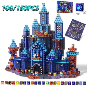 Magnetic Blocks 100/150PCS - Large Magnetic Building Blocks, Tiles & Cubes Set, Blue Castle Construction Toy, STEM Montessori Sensory Play for Toddlers Age 3+, Birthday Christmas Gift for Boys Girls, Castle Building Kit
