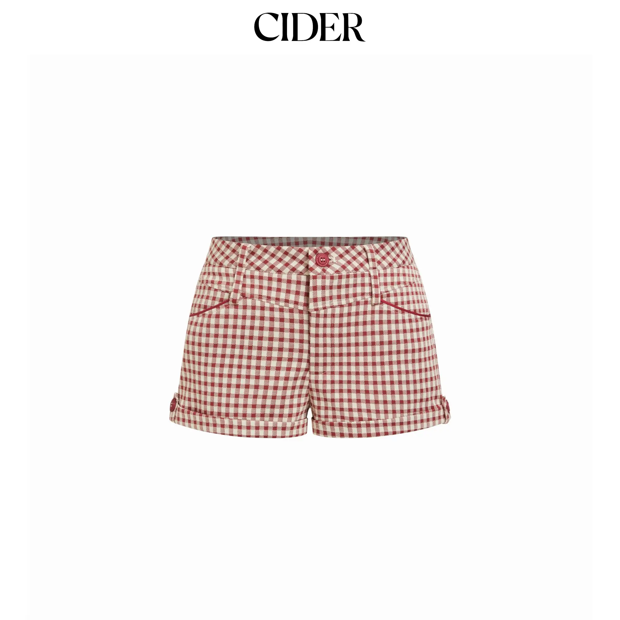Cider Women's Preppy Casual Gingham Plaid Polyblend Knit Low-Rise Fitted Extra Short Micro Shorts with Slight Stretch, Roll-Hem