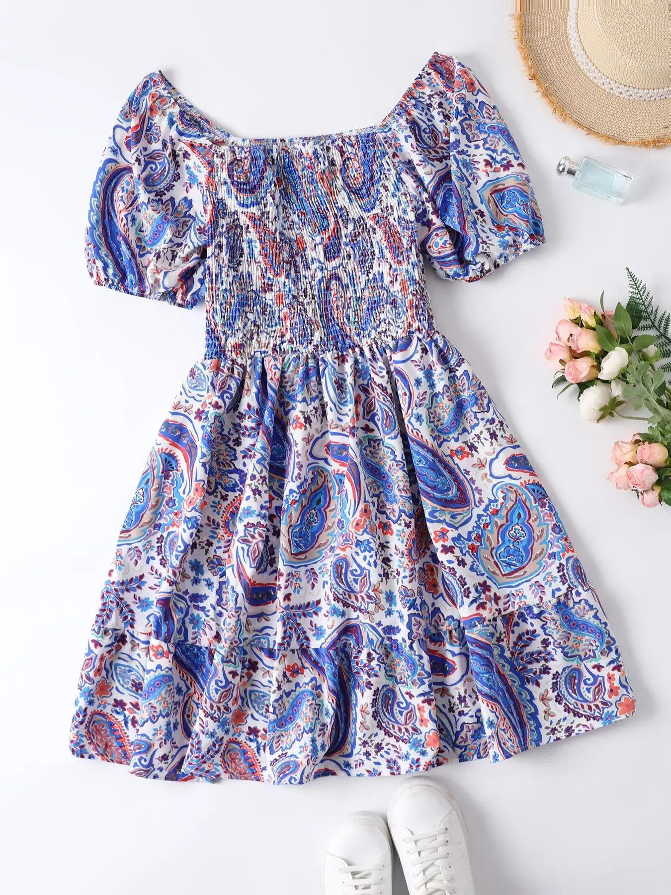 Plus Size Floral Print Puff Sleeve Square Neck Shirred Ruffle Hem Dress, Summer Clothes Women Casual Wear, Plus Boho Bohemian A Line Dress for Beach Holiday Wedding Guest, Lady's Summer Outfits