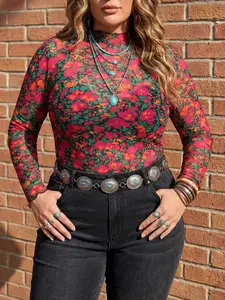 Women's Ditsy Floral Mesh Long Sleeve Top, Transparent Slim Fit Layered Shirt, Plus Size Fashion Blouse for Casual Wear