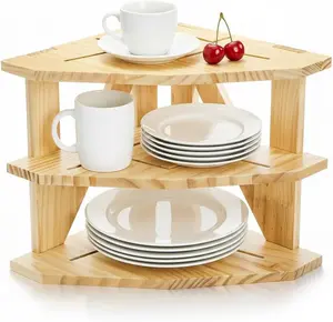 3 Tier Cabinet Organizer Shelf, Wood Corner Rack for Kitchen Counter, Space Saving Corner Shelf Organizer for Plates Dishes Bowls Bread, Pantry Bathroom Storage, Home & Housewarming Gift
