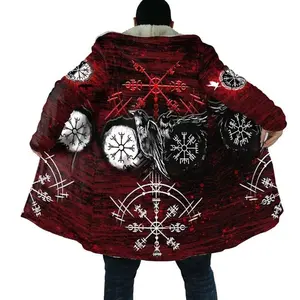 2025 New Autumn/Winter Men’s Fleece-Lined 3D Viking Tattoo Hooded Long Sweatshirt, European & American Style, Plus Size, Graphic Menswear
