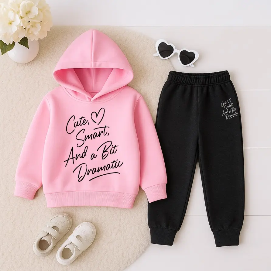 Girls' 2-Piece Fitted Long All Over Print Fleece-Lined Hooded Tracksuit Set - Hoodie & Sweatpants, Kids' Fashion Clothing, Ideal for Autumn-Winter Sports & Casual Use, Kids Clothes, Clothes Kids, Cute Clothing Set