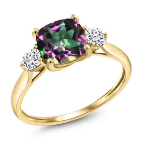 Gem Stone King 10K Yellow Gold Green Mystic Topaz and White Moissanite Engagement Ring For Women | 2.26 Cttw | Cushion 7MM | Gemstone November Birthstone
