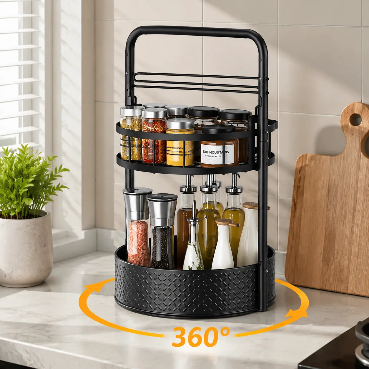 Waterproof Metal 2-Tier Expandable Round Lazy Susan Spice Rack Organizer with Paper Towel Holder, Smooth 360° Rotation, Height-Adjustable Cabinet/Countertop Storage, 0-5 Kg Capacity, for Home Chefs