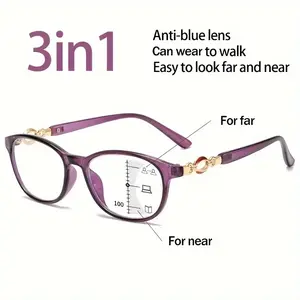 Women's Elegant 3-in-1 Progressive Multifocal Polycarbonate Lens Eyewear - Full Rim Oval Anti-Blue Light Eyeglasses for Women, Farsightedness (+1.0 to +4.0 Vision), Purple BA1090146