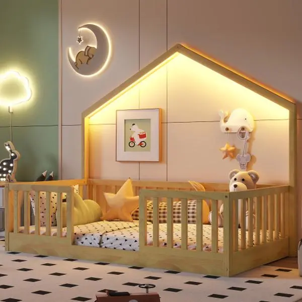Bellemave Twin/Full Floor Bed with High Rails Wooden Montessori Bed with LED Light for Kids Boys and Girls Low Profile Design Sturdy Construction - Home