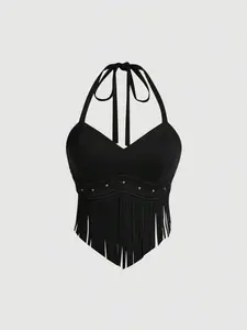 Tina Summer Vintage Suede Halter Neck Top With Tassel Fringe Decoration