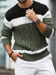 Men's Autumn Winter Casual Knit Pullover Sweater, Colorblock Hemp Texture Design, Fashionable Layering Choice for Leisure Occasions, Knitwear
