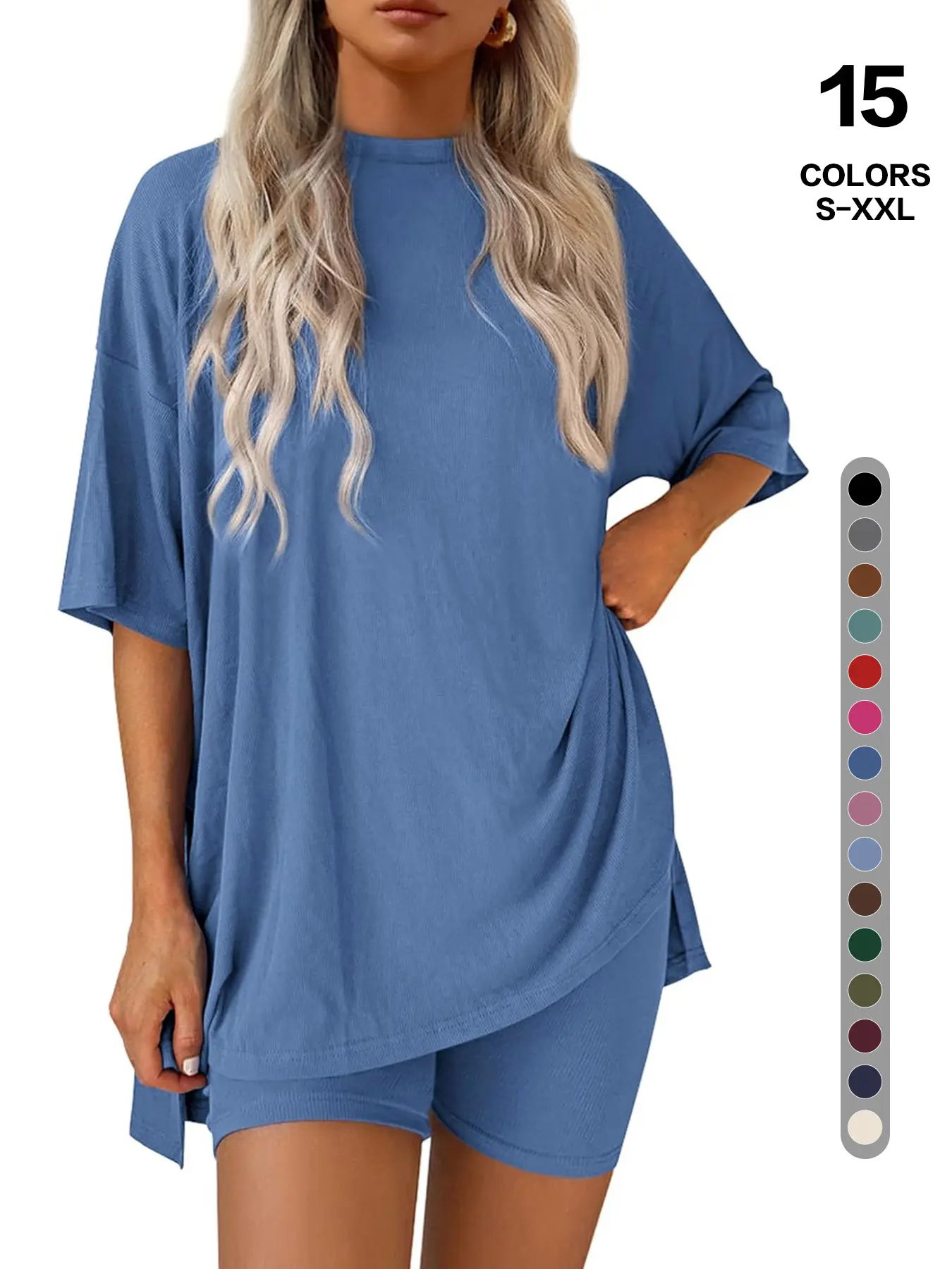 2 piece lounge sets women-Matemity Two-Piece Set, Basic Short-Sleeve Loose Crew Neck Slit Top, High-Waist Side Pocket Cycling Pants, Soft Minimalist Fabric, Suitable for Home and Airport Travel Casual Wear