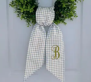 Spring Blue Gingham Plaid Monogrammed Wreath Sash For Front Door - Personalized Embroidered Easter Home Decor