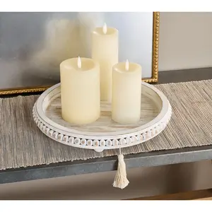 Round Wood Tray with Beaded Detail and Tassel by Valerie