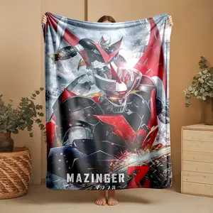 1 piece Mazinger Z mecha battle scene themed flannel blanket - Modern design flannel blanket, suitable for sofas and beds, all-season use, super soft and warm, digital printing, 100% polyester material, machine washable, suitable for camping