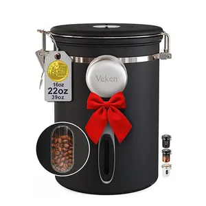 【Veken】Coffee Canister with Window, Airtight Stainless Steel Kitchen Food Storage Container with Lids, Date Tracker and Scoop for Grounds Coffee, Beans, Tea, Flour, Cereal, Sugar Jars, 16OZ, Black