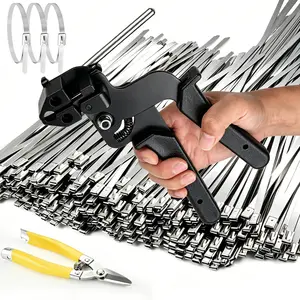 Tie Gun Kit, Specialized Tool For Tightening And Cutting Stainless Steel Cable Ties, Comes With 200 Pcs Of Uv-Resistant Heavy-Duty Metal zip Ties And Industrial Scissors.