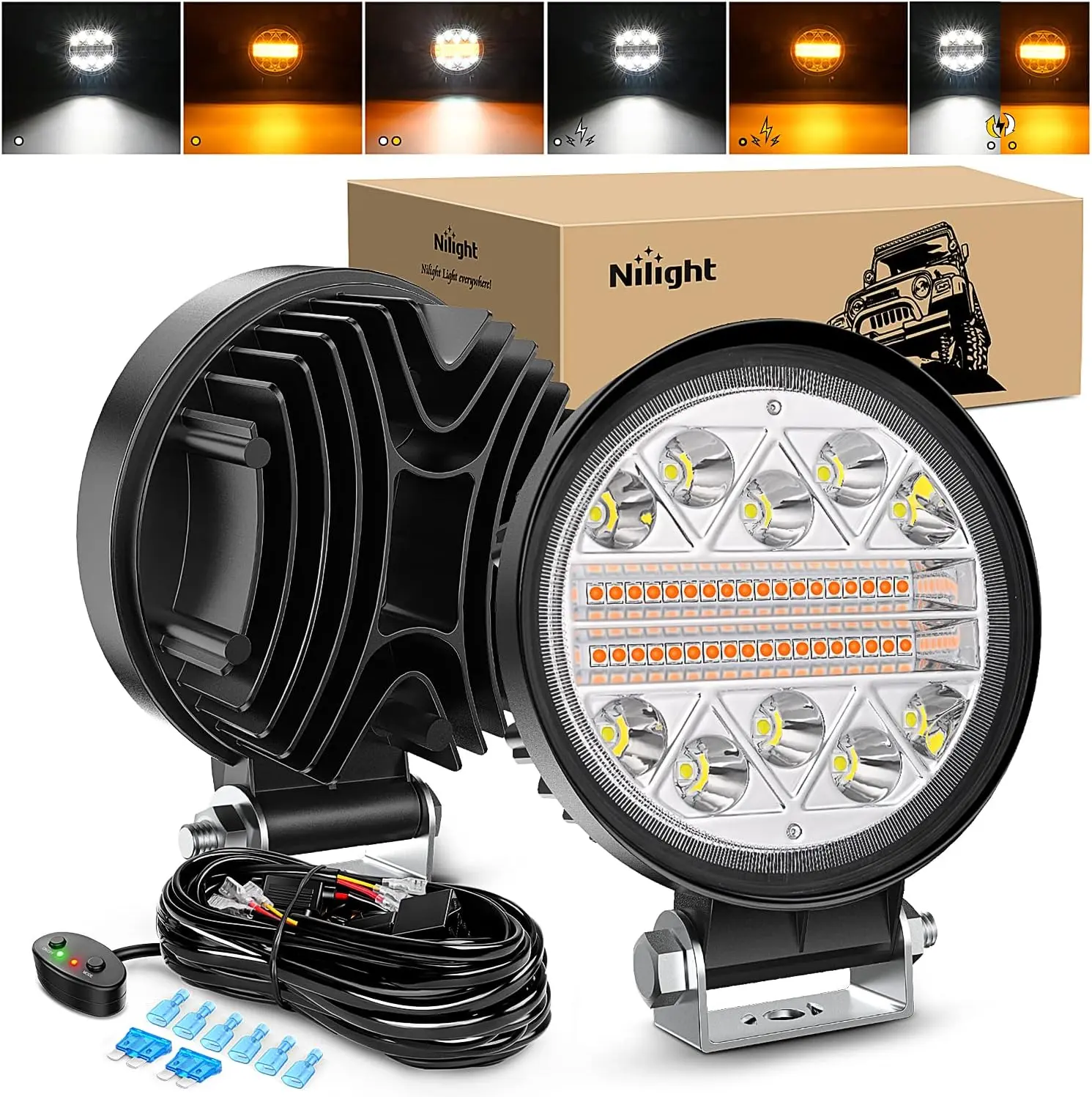 Nilight 2PCS 4.5In 27W Strobe LED Work Light Modules - 6-Mode Memory Function, 16AWG 2-Lead Wiring Harness Kit for Truck Upgrades, Offroad/Colored/Emergency Light Bars, Strobe Light Module