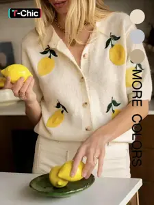 Women's Lemon Embroidery Sweater Cardigan, Casual Short Sleeve Knitwear for Daily Wear, Ladies Knitting Tops for All Seasons