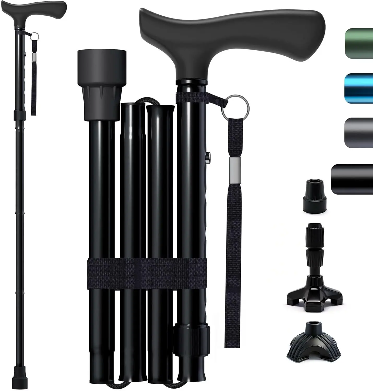 Foldable Walking Cane for Seniors, Lightweight Aluminum Adjustable Cane with Ergonomic Handle, Non-Slip Tips, 5-Level Height Adjustment, 33-37 Inch
