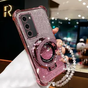 S23 Plus Elegant PC Fashion Strap Lanyard Phone Holder Case For Compatible With Samsung Galaxy S23 Plus Glittery with Crystal Style Chain Stand Cover Phone Protector Cover