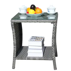 Wicker Side Coffee Table Outdoor Storage Bistro Table Patio Furniture Square End Tabs Garden Table Brown 19.25x19.25x21inch PE Rattan Steel Tempered Glass