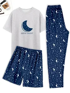Men's Casual Home Sleepwear Set, Starry Sky Print Short Sleeve T-Shirt and Shorts, Comfortable Summer Wear, Fitted Design, Elastic Waist, Pajama Set
