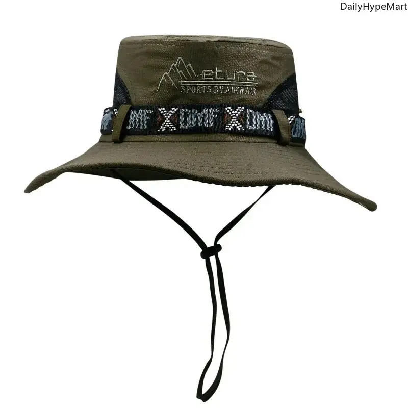 Mens UPF 50+ Bucket Hat Wide Brim Safari Sun Hat for Beach Fishing Breathable Windproof Polyester 55-60cm Size Cap Depth 9.5cm Visor 9cm