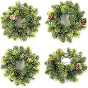 4 Pack Small Christmas Wreath, Mini Wreaths with Pine Needles and Pine Cones, Artificial Ring Wreaths Hanging Decoration Garlands for Home Table Kitchen Window Chair Wall Front Door