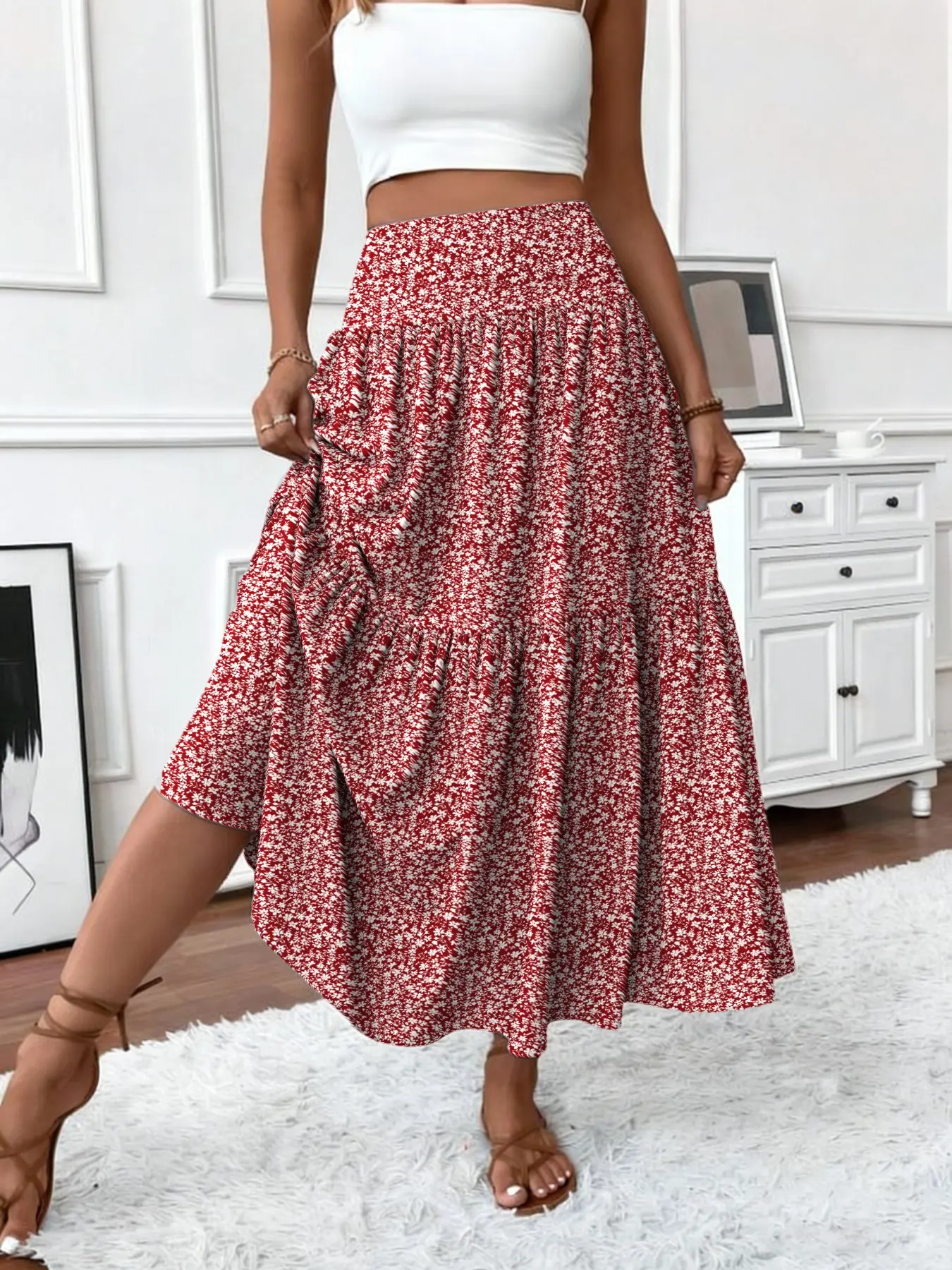 Women's Ditsy Floral Print Elastic Waist Maxi Skirt, Womenswear Fashion Casual Bohemian Boho Skirts Fitted Long Skirt for Daily Holiday Vacation Wear, Ladies Bottoms for Summer, Boho Beach Skirt