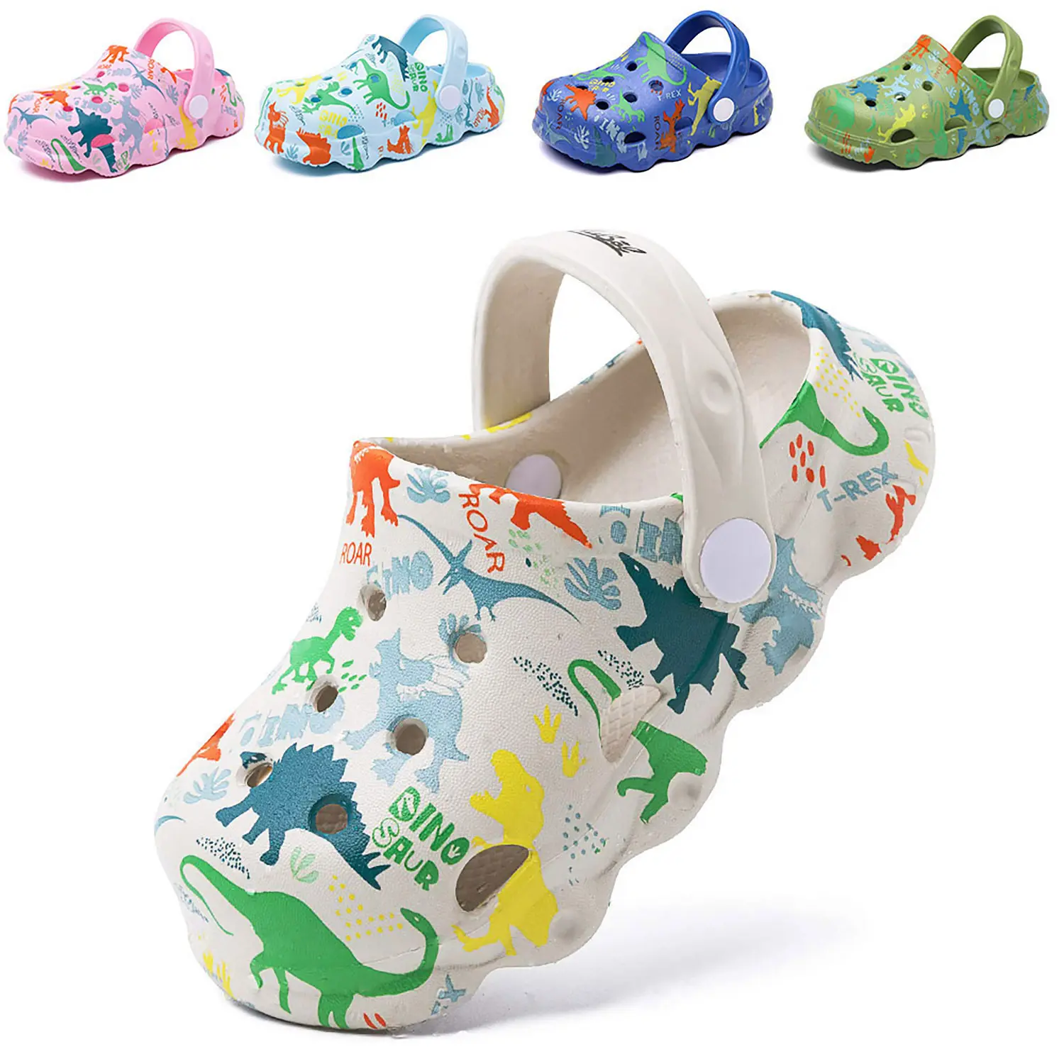 Drecage Kids Clogs Boys Girls Toddler Dinosaur Slip On Slide Garden Shoes Cartoon Beach Pool Water Clogs with Drainage Holes & EVA Sole Poolside Flexible Lightweight outdoorfun