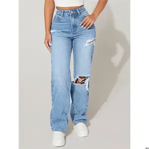 Out Cut High PETITE tiktok Waist Ripped Frayed Straight Leg Jeans