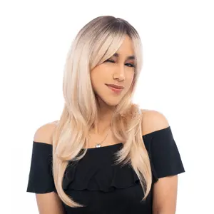 22-Inch Warm Blonde Ombré (Black Roots, Platinum Highlights) Layered Light Wave Synthetic Wig | 【Heat Resistant】【Cap Included】 | #47 @44 FSGB
