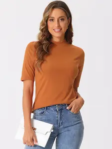 INSPIRE CHIC Elbow Length Casual Blouse Turtleneck Solid Color Elastic Half Sleeve Top