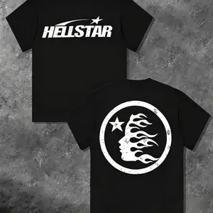 100% Cotton Hell Star Pattern Double Sided Printed T-Shirt, High Quality Crew Neck Casual Short Sleeve Top for Spring & Summer