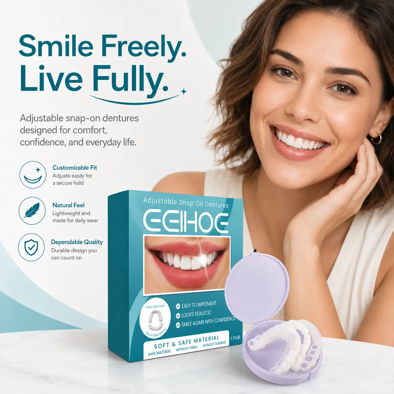 Adult Custom-Fit Full Denture Veneer Set - Natural-Looking Snap-On Teeth Cover, Reusable Whitening Veneers, Comfortable Removable Upper & Lower Teeth Replacement Solution Oral