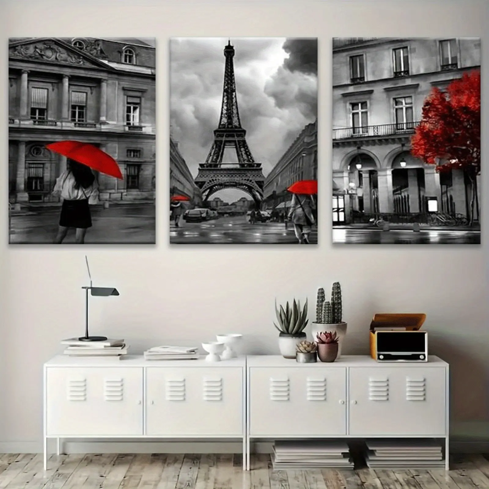 Artistic 3-Piece Pine Collectible Set - Decorative Modern Black and White Paris Eiffel Tower Prints, Home Supplies for Living Room Decor, Bedroom, Artwork