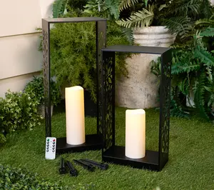 Garden Reflections Set of 2 Metal Lanterns with Flameless Candles and Remote