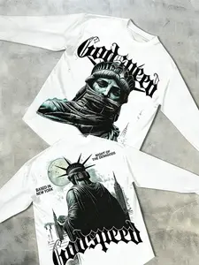 Men's 'Godspeed' NY Statue Graphic Long Sleeve | Gothic Art Print, Vintage & Aesthetic Style | Streetwear Essential | Perfect for Edgy Urban & Hip-Hop Style Enthusiasts