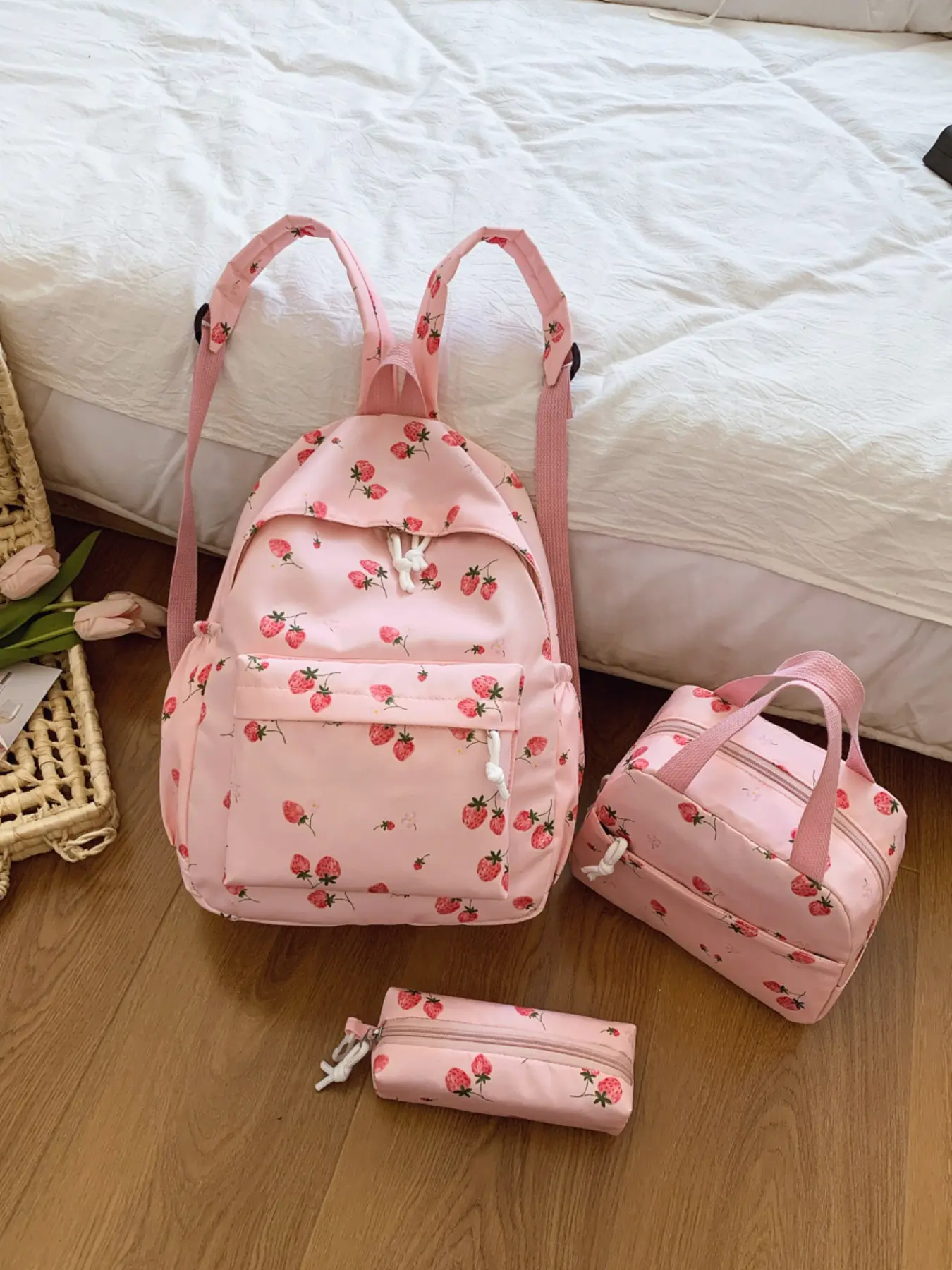 2026 New Strawberry Print Backpack, Three-Piece College Style Girl Bag, University Travel Backpack for Women, Casual All-Season Nylon Bag