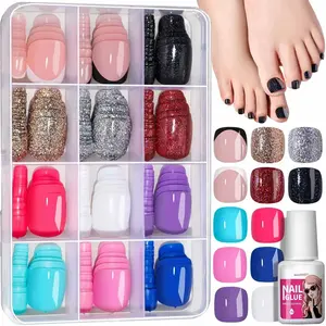 Press on Toe Nails 12 Colors 288PCS Short Square Glitter Full Cover Glossy False Toenails for Feet French Tip Nail Art