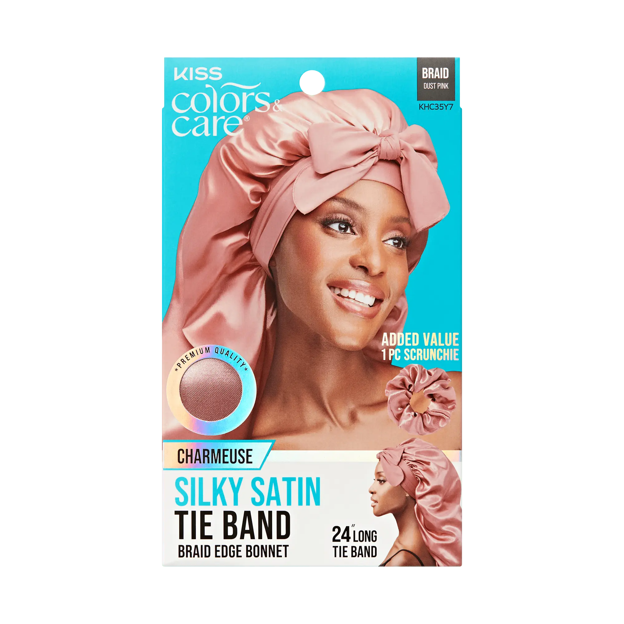 Kiss Colors & Care Silky Satin Tie Band Braid Edge Bonnet - Dust Pink | Silk Bonnet, Sleep Bonnet, Includes Scrunchie, Hair Accessories