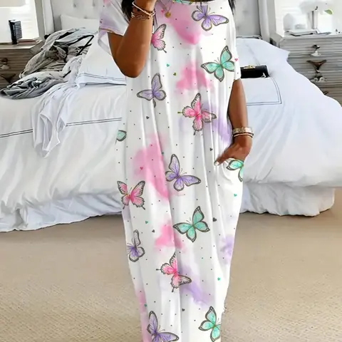 Women's Tie-Dye Butterfly Heart Print Nightgown Sleepwear, Round Neck Loose Fit with Pockets, Comfortable Soft Sleep Dress, Nightwear Loungewear for All Seasons Printed Nightgown