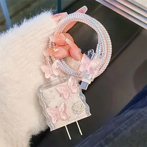 5pcs Set Glittering Pink Butterfly TPU Charger and Cable Protector, Quick Charge 20W Compatible, Data Line Cord Management Accessories