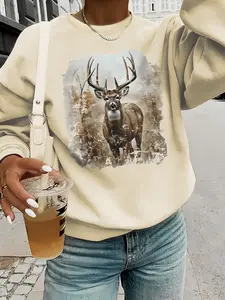Women's Deer Print Round Neck Sweatshirt, Casual Long Sleeve Crew Neck Pullover for Fall & Winter, Fashion Women's Top for Daily Wear