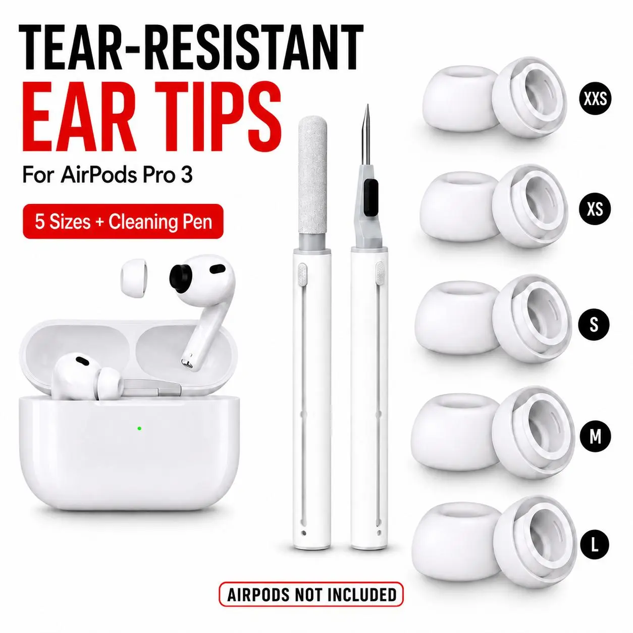 Tear-Resistant Replacement Ear Tips for AirPods Pro 3, No Foam Filling, Durable Solid Silicone Eartips, XXS/XS/S/M/L 5 Sizes with Cleaning Pen