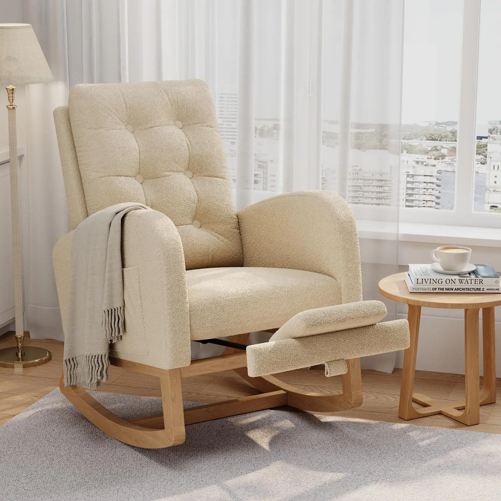 Boucle Linen-Upholstered Modern Accent Rocking Recliner Glider Nursing Armchair, Durable Indoor Furniture with Side Pocket, Multiple Color Options for Nursery & Everyday Use