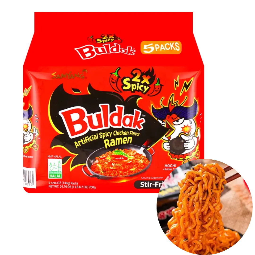SAMYANG Korean 2x Spicy Buldak Hot Chicken Flavor Stir-Fried Ramen - 5 Packs* 4.93oz Food Noodles Soup Instant Salt Powder SAMYANG Korean 2x Spicy Buldak Hot Chicken Flavor Stir-Fried Ramen - 5 Packs* 4.93oz Food Noodles Soup Instant Salt Powder