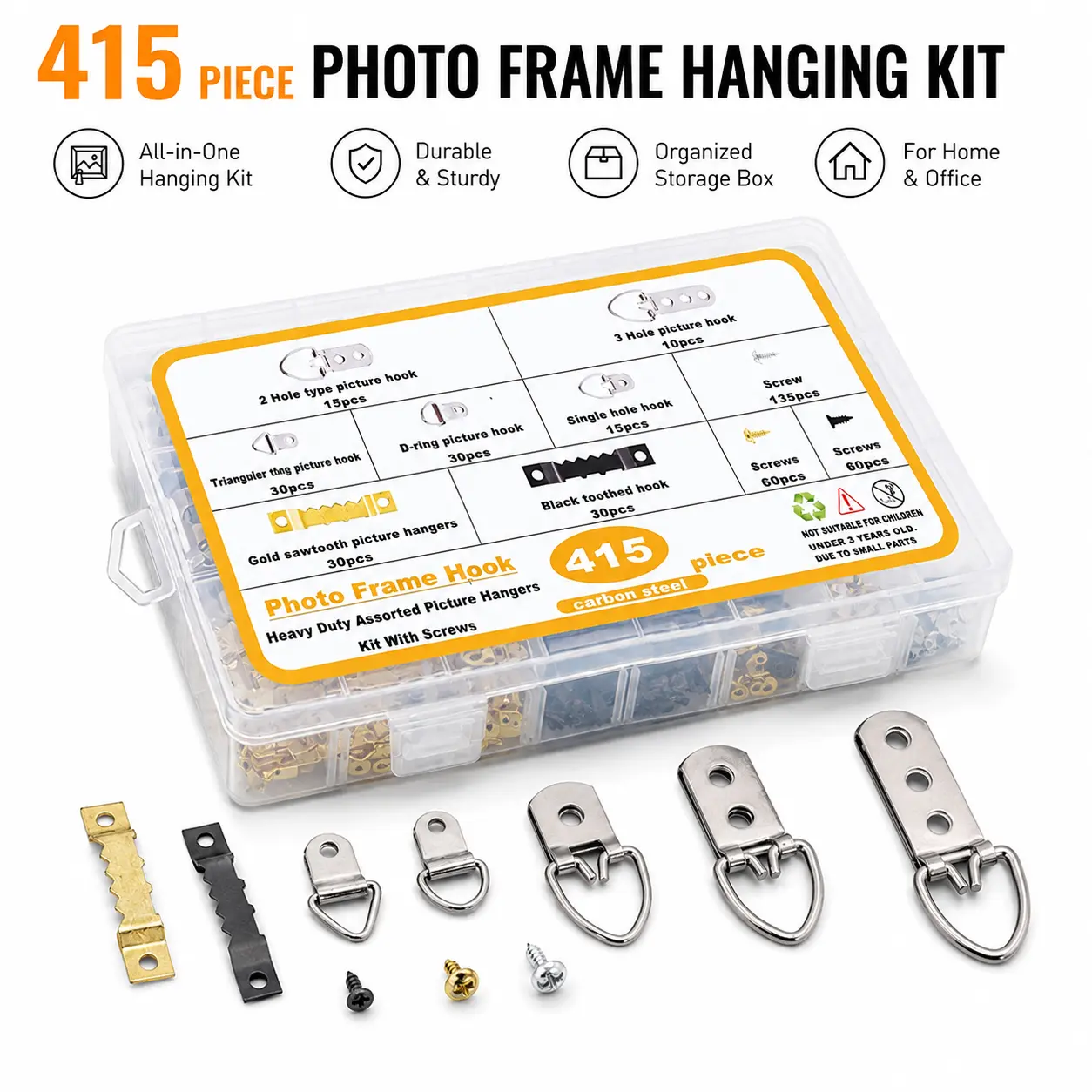 FBT All-in-1 Photo Frame Hanging Hardware Organiser Set - Carbon Steel D-Rings, Hooks, Assorted Screws, Strong Hold Hangers for Wall Mount Decoration, DIY Projects, Wooden/Transparent Boxes Installation